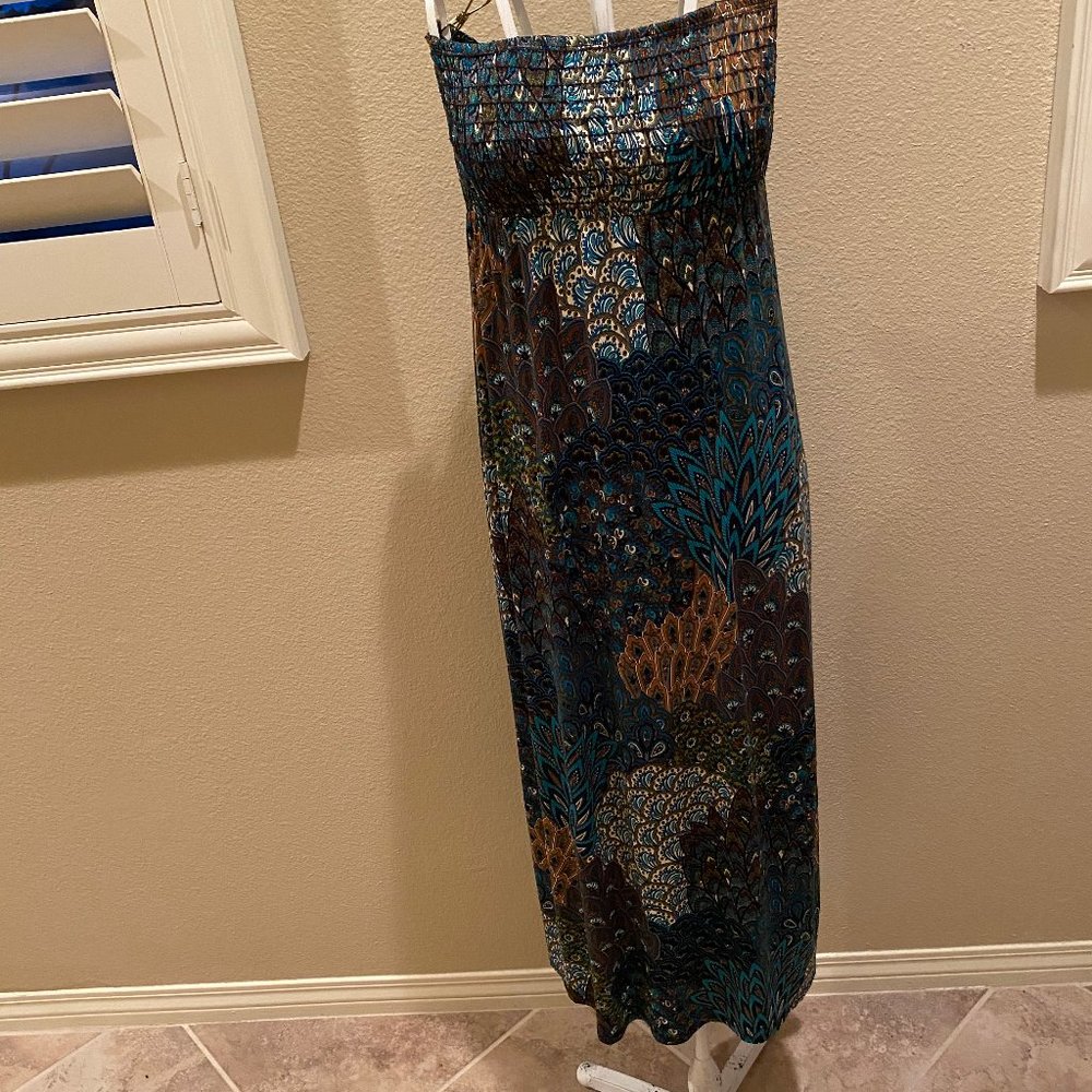 Strapless Turquoise Paisley Print Long Dress